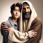DALL·E 2023-11-13 21.12.49 - A heartwarming scene of a Korean idol, an East Asian man with modern and fashionable attire, and Jesus, depicted as a traditional Middle Eastern man w.png