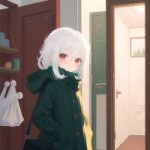 loli, child,  white hair, red eyes, door, {indoors}, blush, winter clothes, green dim pallete,  focus on face s-3900115207.png