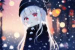 loli , child,  solo, white hair, red eyes, {{by Agnes Cecile}}, bokeh, russian clothes, hat, winter, snow s-2241631365.png